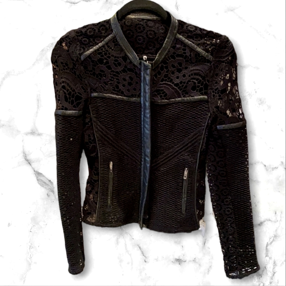 💋DESIGNER Iro Lewis💋. Black Leather and Lace Crochet Jacket Size XS Blazer - Picture 4 of 11